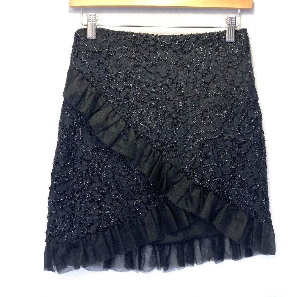 Camila‎ Coelho Revolve Asymmetrical Ruffle Skirt Size Small Black Glitter Witchy